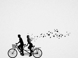 Fototapeta na wymiar Lovers on bike tandem. Death, afterlife. Abstract people silhouette