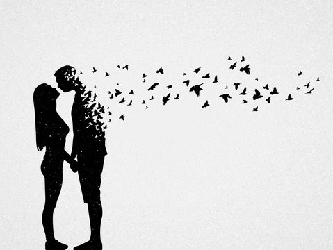 Silhouette of lovers and flying birds. Conceptual vector illustration about loss of loved one, loneliness and death. Sad mystical background for design, prints, covers, t-shirts