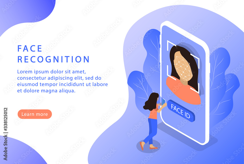 Poster Face recognition. Face ID. Isometric. Landing page for web sites.