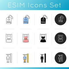 Body and product measurements icons set. Linear, black and RGB color styles. Person height and dress width specification for bespoke tailoring. XXXL size tag isolated vector illustrations