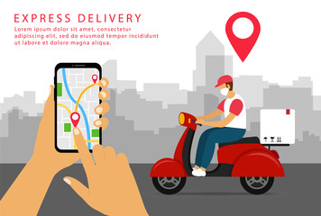 Express delivery. Shipping in smartphone. Delivery man on a scooter in a mask. Flat style.