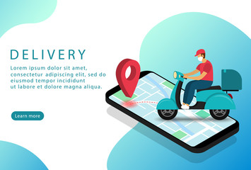Delivery service. Delivery man on a scooter in a mask. Isometric. Landing page.