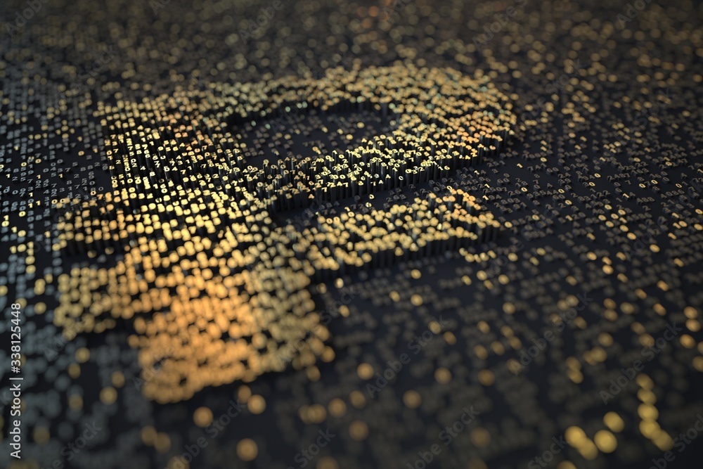 Poster golden numbers bars compose rub russian ruble symbol on black background. 3d rendering