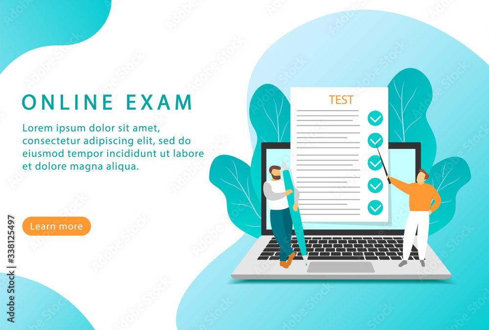 Poster online exam. online education and testing. flat style. landing page for web sites.