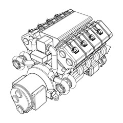 Vector illustration of a geometric polygonal V8 engine. Linear engine.