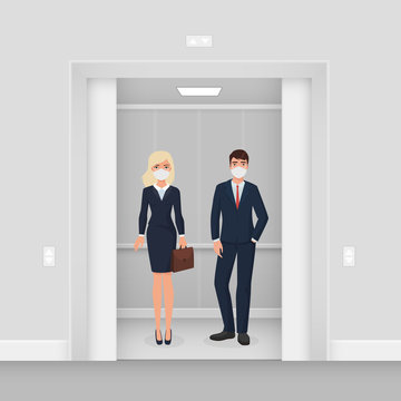 Business people in masks in elevator character flat cartoon vector illustration concept. Man and woman in formal wear with masks in illuminated elevator with opened door. Keep distance concept