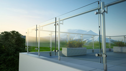Modern stainless steel railing with glass panel and landscape mountain, 3D illustration
