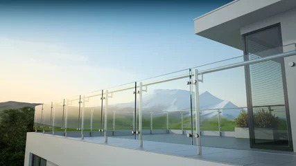 Fotobehang Modern stainless steel railing with glass panel and landscape mountain, 3D illustration  © Studio Harmony