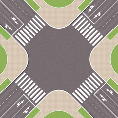 Empty urban crossroad with pedestrian paths. City intersection with pedestrian zebra lines. Top view of crossroads. Cityscape landscape from above. Vector Illustration