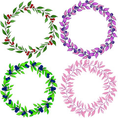 Set of vector foliate wreaths; colorful wreaths with berries and leaves for greeting cards, invitations, wedding cards, posters, banners, web design.