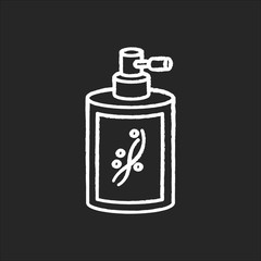 Liquid silicon in bottle chalk white icon on black background. Conditioner in jar container with sprayer. Chemical cosmetic product for hair treatment. Isolated vector chalkboard illustration