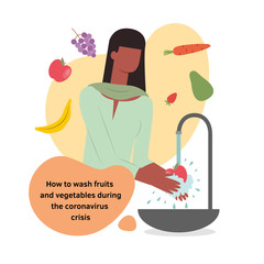 Vector isolated illustration of a black indian woman washing healthy fresh fruits and vegetables in a flat design style. Girl character in indian national costume in a modern style during coronavirus 