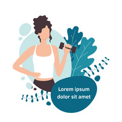 Vector isolated illustration of woman holding dumbbell in a flat design style. Girl character in a modern style training. Fitness lady. Work out young person.
