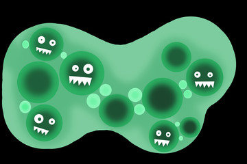 Fototapeta premium Cartoon illustration symbolizing the artificial bacterium Cynthia (or Synthia) that eats spilled black oil in the ocean. Synthetic micro organism.