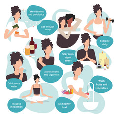 Vestor set of flat illustrations. How to boost your immune system.