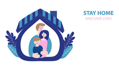 Stay home with family and save lives, escape and isolate yourself during the coronary epidemic, for family health, drawing in icon or card format - vector illustration
