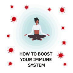 Immune system boost vector illustration. Health bacteria virus protection. Medical prevention human germ. Healthy woman reflect bacteria attack with hand. Boost Immunity with medicine concept.