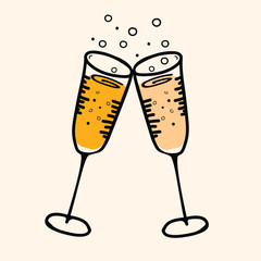 Two glasses with champagne. Beautiful cartoon drawing. Vector illustration.