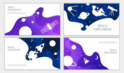 Set of web banners templates. Presentation. Cartoon modern design. Space explore.  Children vector illustration. Science. Horizontal banners. EPS 10