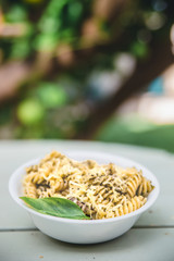 Pasta, Pesto, comida, macarrones, alimento, aceite, verde, albahaca, queso, rallado, sano, 