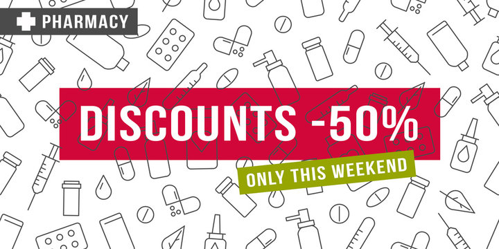 Pharmacy discount promo poster with bright text on textured background of line medical drugs icons