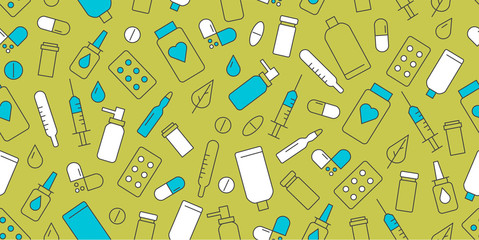 Seamless pattern of Medical drugs pills and bottles icons, cover for pharmacy or hospotal wallpaper in green blue and white