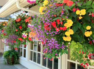 Fototapeta na wymiar Blooming flowers amazing complex baskets hanging pots near small luxury lodge exterior. 