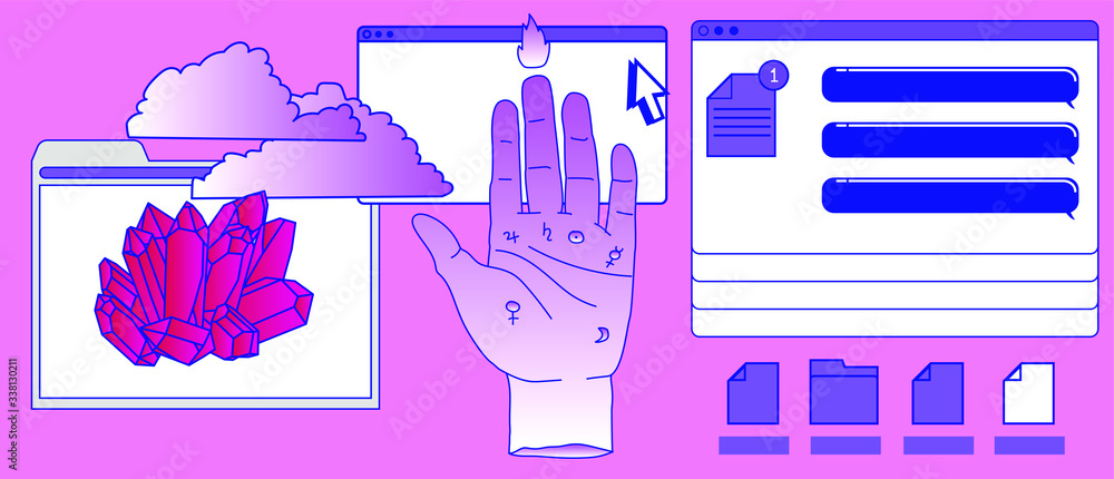 Poster surreal style collage with hand and user interface elements, frames, file icons. transgressive conce