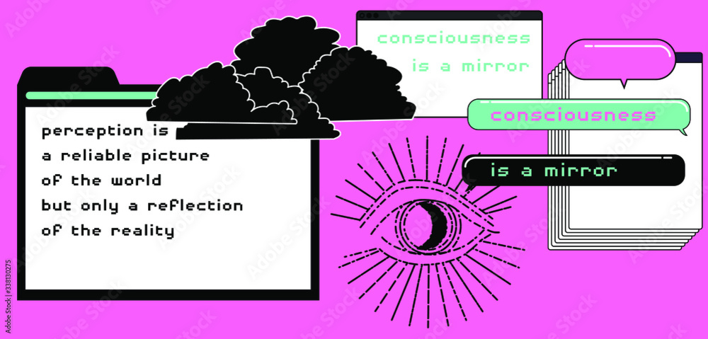 Poster postmodern artsy collage with user interface elements, speech bubbles and all-seeing eye on pastel p