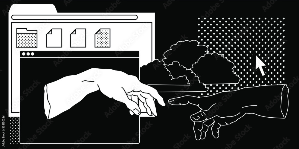 Aufkleber Surreal vaporwave style collage with two hands going to touch together and user interface elements, frames, file icons and windows.