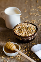 Oatmeal, milk and honey for porridge