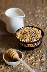 Oatmeal, milk and honey for breakfast