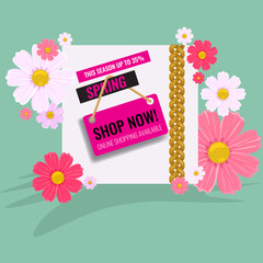 Spring sale background with flowers. Season discount banner design with cherry blossoms and petals.