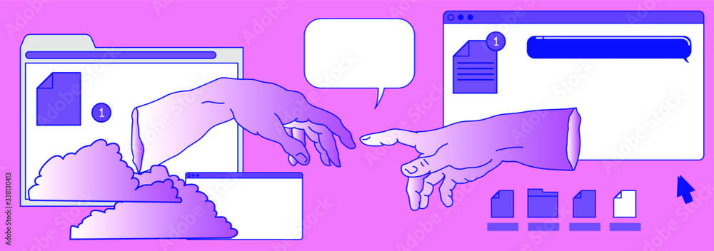 Aufkleber Surreal vaporwave style collage with two hands going to touch together and user interface elements, frames, file icons and windows.