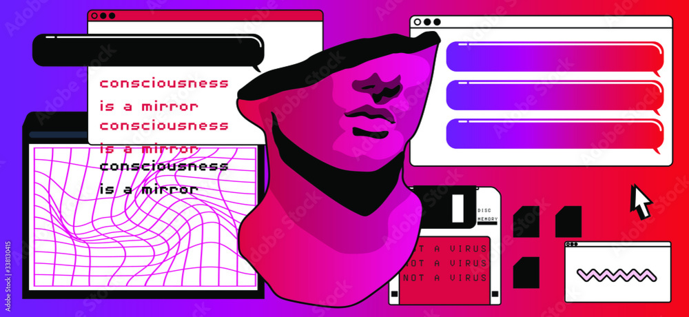 Poster postmodern artsy collage with user interface elements, speech bubbles and marble bust on red backgro