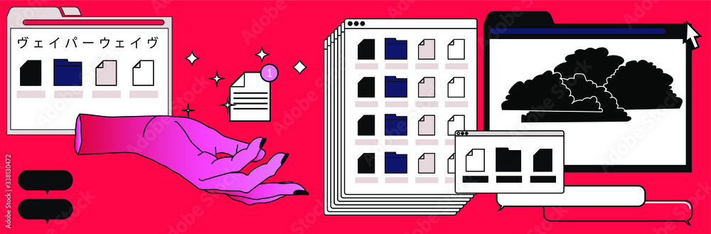 Poster Surreal style collage with hand and user interface elements, frames, file icons. Transgressive conceptual modern art. Japanese text means 