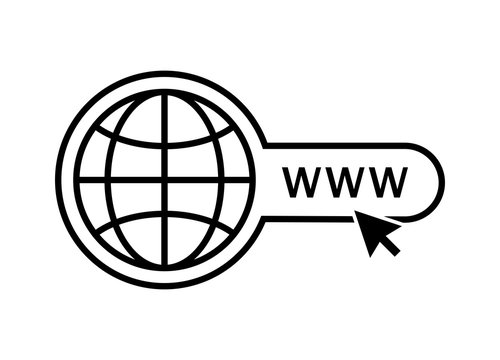 Global search web icon. Website icon. WWW sign. Search www vector icon. Web hosting technology. Globe hyperlink icon. Browser search website page.