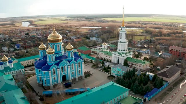 Vladimir Cathedral of the Zadonsk Nativity of the mother of God monastery, aerial video from a bird's eye view