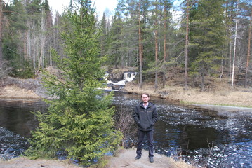 Man in Mountain park Ruskeala is tourist complex located in Sortavala region of Republic of Karelia...