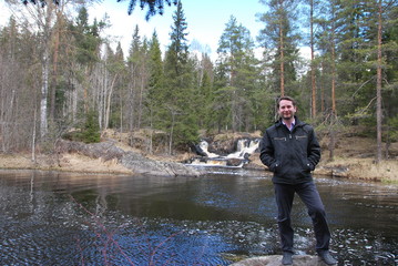 Man in Mountain park Ruskeala is tourist complex located in Sortavala region of Republic of Karelia...