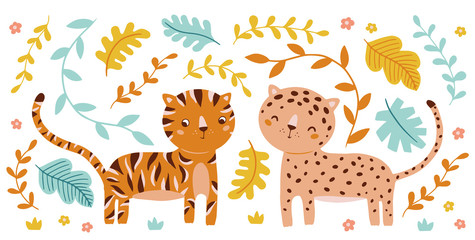 Vector cute animals illustration, baby leopard and baby tiger characters, tropical clip art set