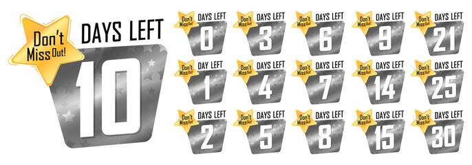Set countdown tags, number days left banners design template, vector illustration