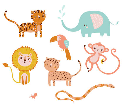 Vector cute animal character set, lion, toucan, leopard, tiger, elephant, bird, snake clip art