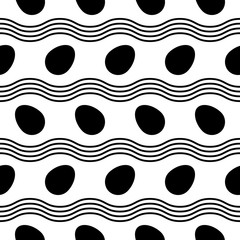 Seamless Pattern with black easter eggs and wavy lines. Flat vector illustration on white background. Great for celebration Easter designs, festive background, greeting cards, prints, packing, etc.
