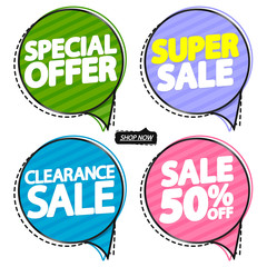Set Sale speech bubbles banners design template, discount tags, vector illustration