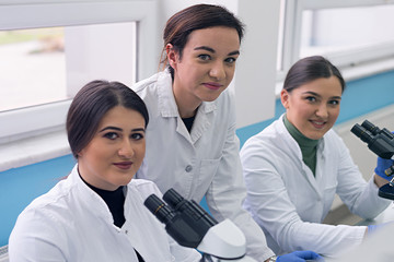 Fototapeta premium Group of Laboratory scientists working at lab with test tubes, test or research in clinical laboratory.Science, chemistry, biology, medicine and people concept.