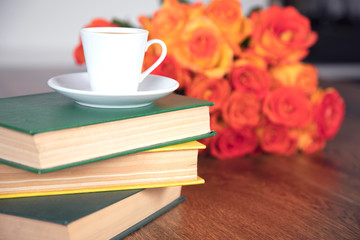 coffee with book and roses