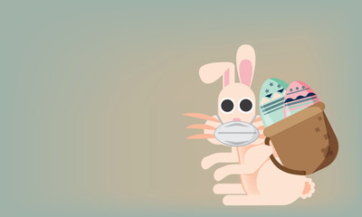 Happy Easter bunny and his eggs on green background. cartoon vector flat design.The rabbit and medical mask.