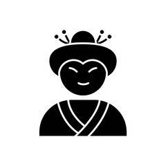 Geisha black glyph icon. Japanese woman in asian attire. Geiko in costume with traditional hairstyle. Maiko in costume. Ethnic performer. Silhouette symbol on white space. Vector isolated illustration