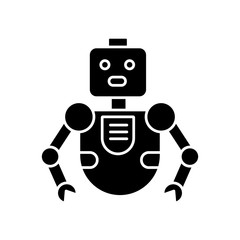 Robot black glyph icon. Innovative technology. Artificial intelligence. Futuristic children toy. Cute cyborg mascot. Humanoid machine. Silhouette symbol on white space. Vector isolated illustration